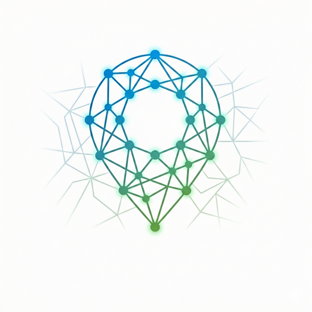 マップピンの形をした、テック系旅行サービスのロゴ。青から緑のグラデーションがかかったドットと線が網目状に繋がり、外側へとネットワークが広がる抽象的なデザイン。